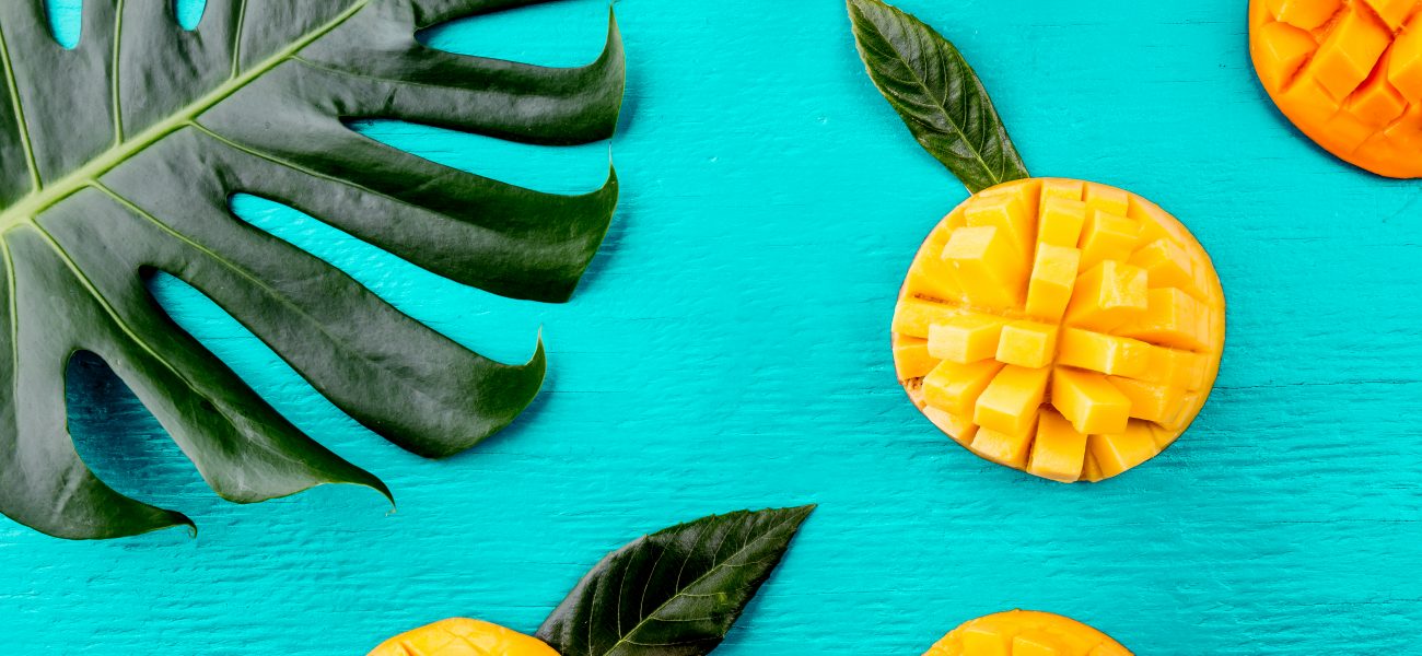 Prepared mango on a bright blue background
