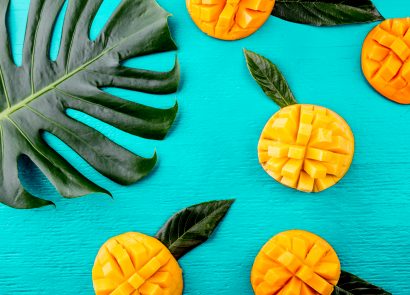 Prepared mango on a bright blue background