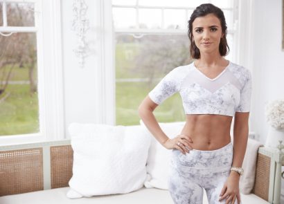 Model and fitness enthusiast, Lucy Mecklenburgh poses in marble-patterned workout kit