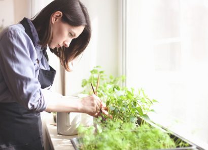 woman growing vegetables on windowsill