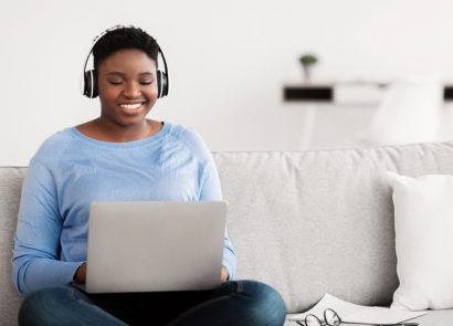woman listening to podcasts