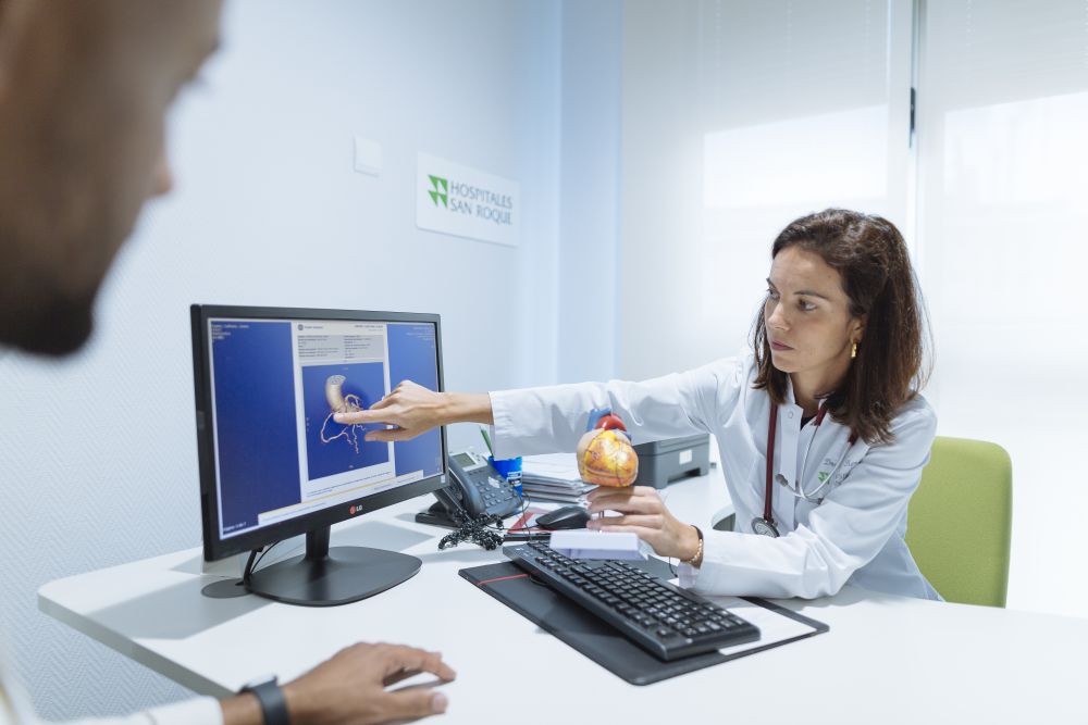 doctor explaining medical treatment to patient on computer screen