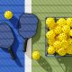 Two Pickleball paddles and basket of balls on court under