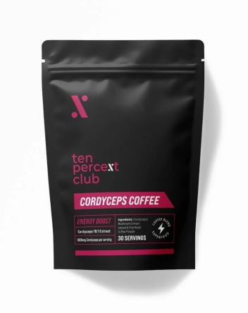 A bag of Ten Percent Club Cordyceps Coffee