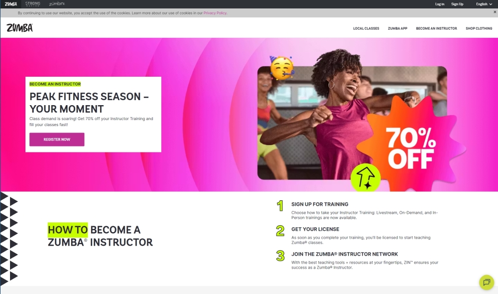 A screenshot from the Zumba website