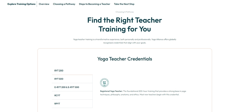 A screenshot from the Yoga Alliance website