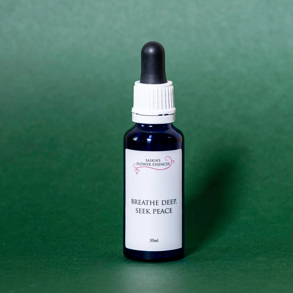 A bottle of Saskia’s Flower Essence – Breathe Deep, Seek Peace