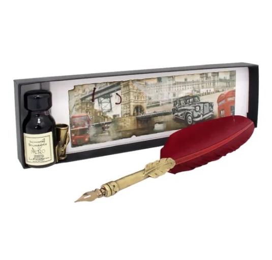The Coles Calligraphy Burgundy Feather Quill, Stand & Ink Set