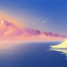 An illustration of a crescent moon over water