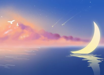 An illustration of a crescent moon over water