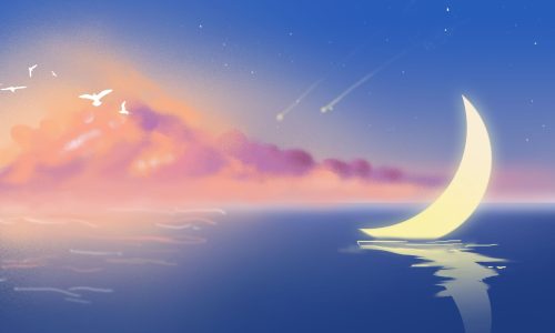 An illustration of a crescent moon over water