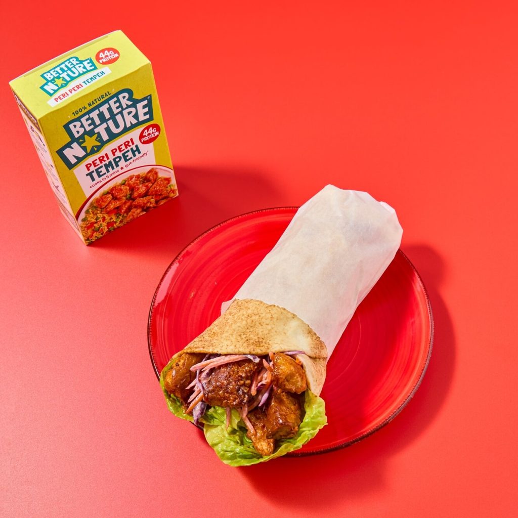A wrap containing Better Nature's peri peri tempeh
