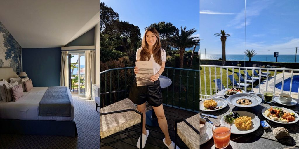 Sarah Highfield alongside an interior shot of her room and a meal on a balcony table at Longevity Senses Cascais