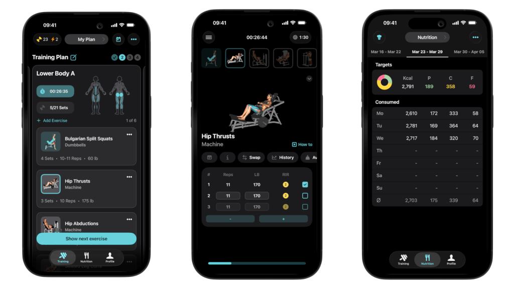 Three smartphone screens illustrating the functionality of the MyFitCoach app