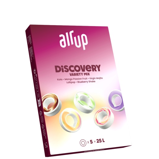 A packet of air up's Discovery variety mix, including Lollipop flavour pods