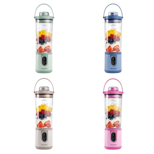 Four examples of Salter' ActiBoost Cordless Portable Blender in different colours