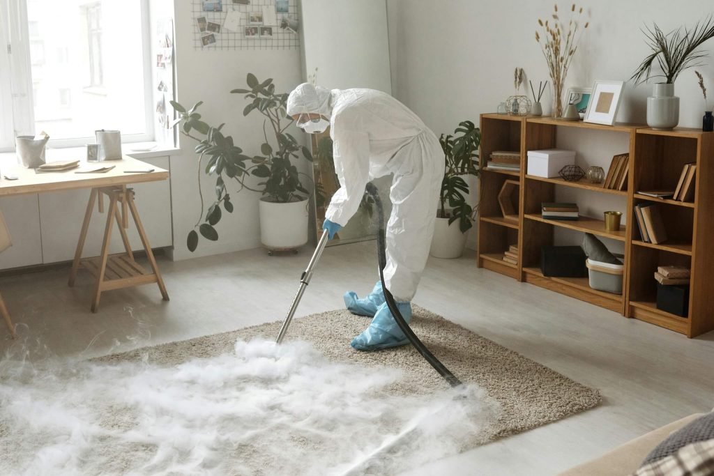 A man in protective clothing carrying out a deep clean on a rug