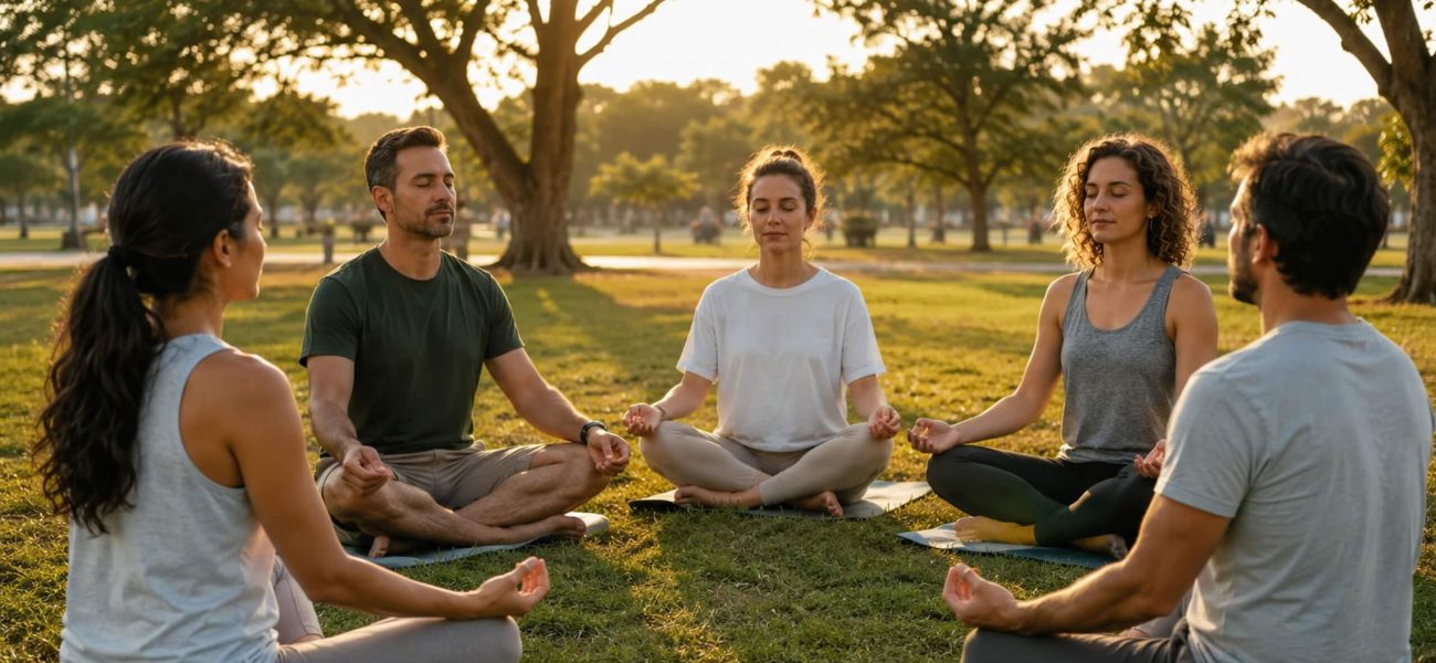 A group of people meditating in a park