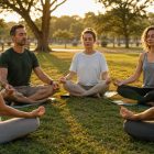 A group of people meditating in a park
