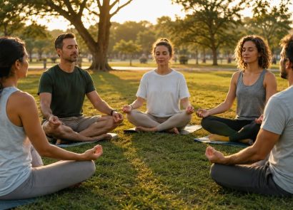 A group of people meditating in a park