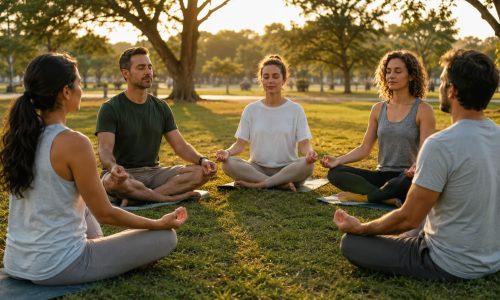 A group of people meditating in a park
