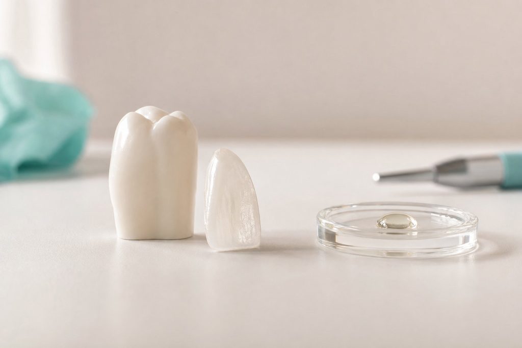 An porcelain veneer next to a dental tool