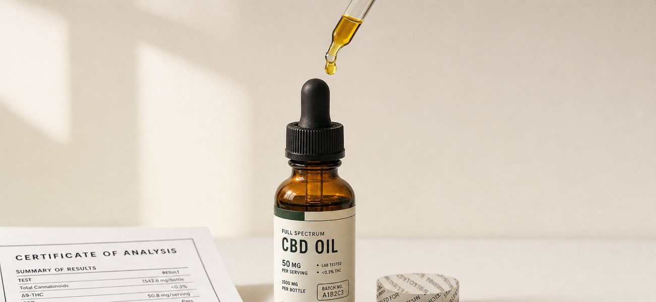 A bottle of CBD oil alongside a certificate of authenticity