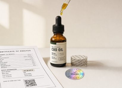 A bottle of CBD oil alongside a certificate of authenticity