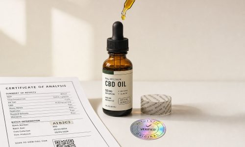 A bottle of CBD oil alongside a certificate of authenticity