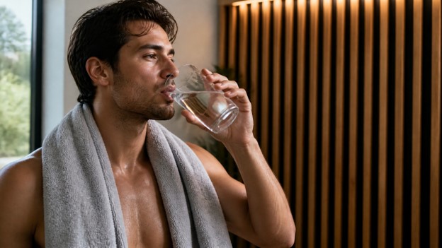 A man drinking from a glass of water in an infrared sauna