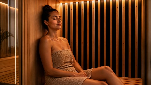 A woman sitting in an infrared sauna with her eyes closed