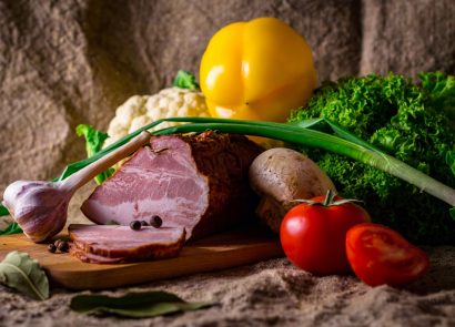 A selection of food, including meat, fruit and vegetables
