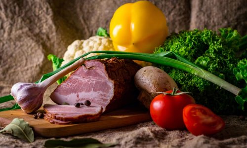 A selection of food, including meat, fruit and vegetables