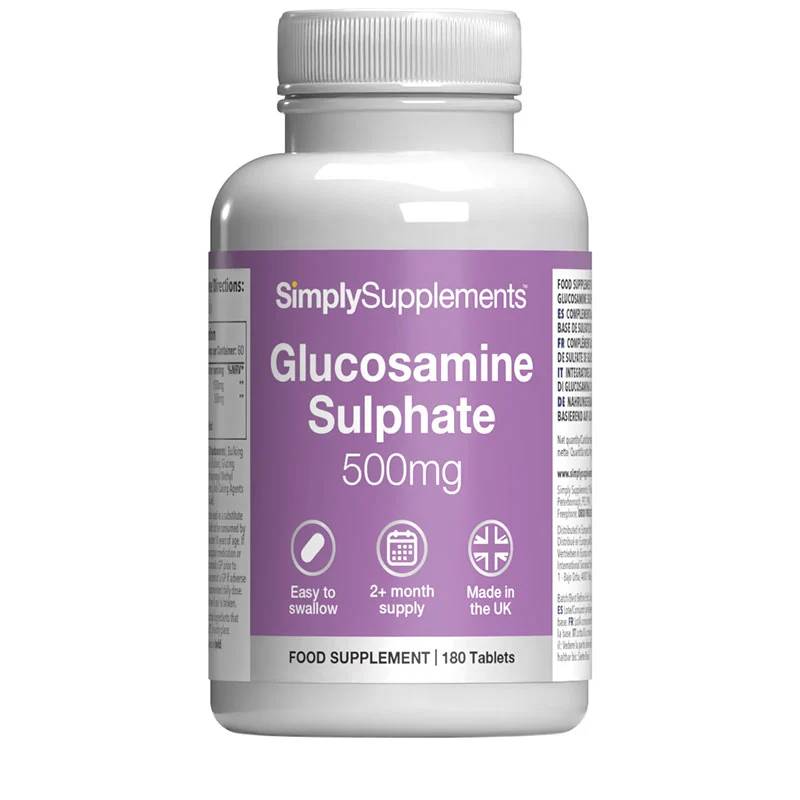 A jar of Glucosamine Sulphate 500mg tablets