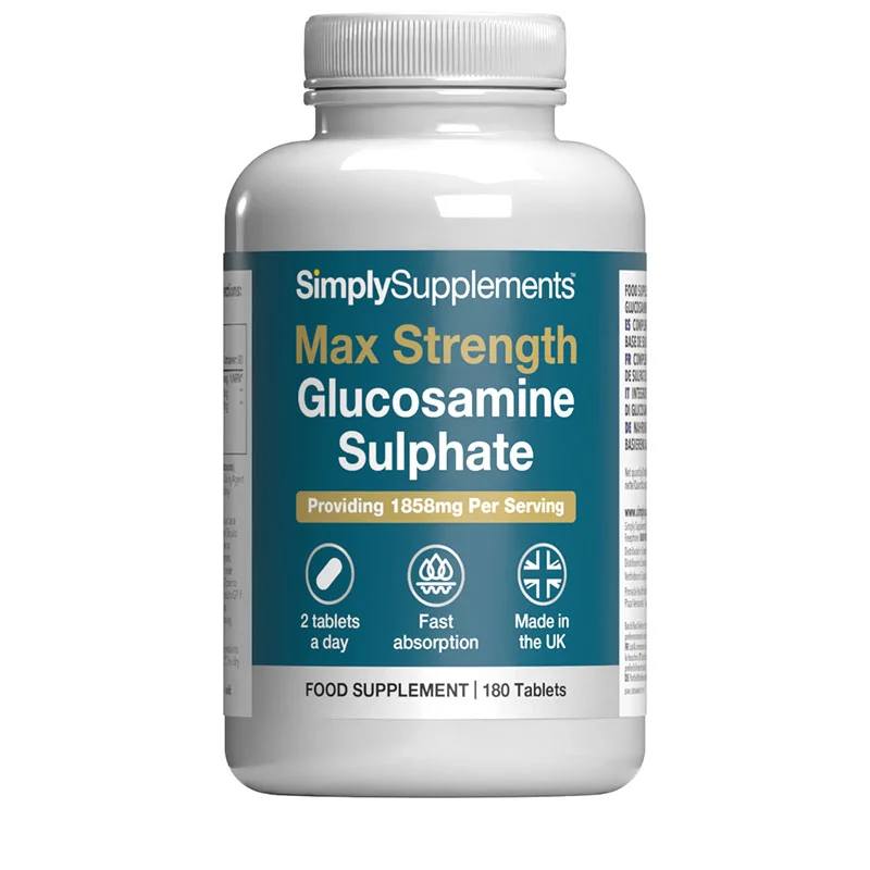 A jar of Max Strength Glucosamine Sulphate 1858mg 2KCl tablets