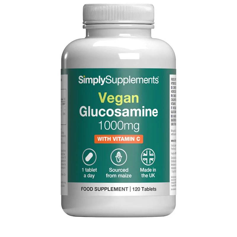 A jar of Vegan Glucosamine HCl 1000mg with Vitamin C 40mg tablets