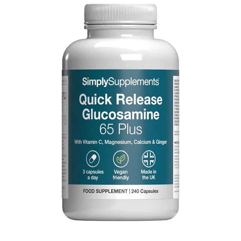 A jar of Quick Release Glucosamine 65 Plus tablets
