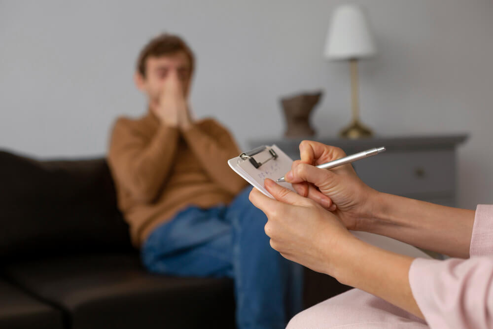 A front view of a man undergoing therapy