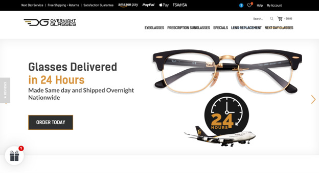 A screenshot of the Overnight Glasses home page