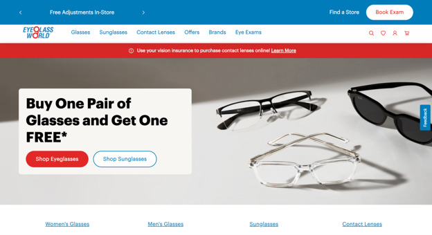 A screenshot of the Eyeglass World home page