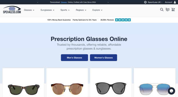 A screenshot of the Spex4less home page
