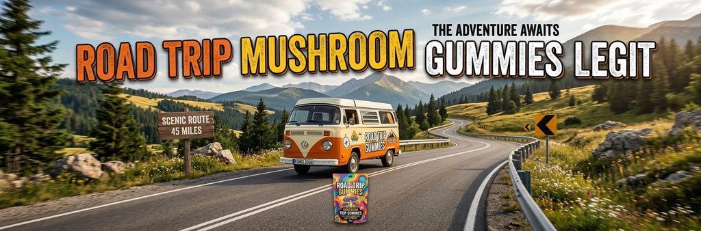 A VW camper van driving along a road in the country with information about Road Trip Mushroom Gummies