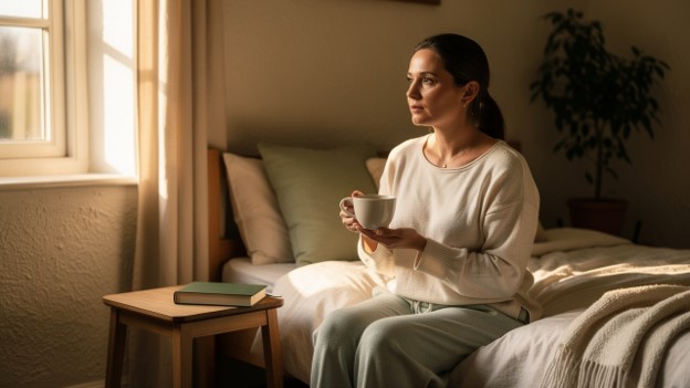 A thoughtful-looking woman sitting on a bed next to a window holding a teacup