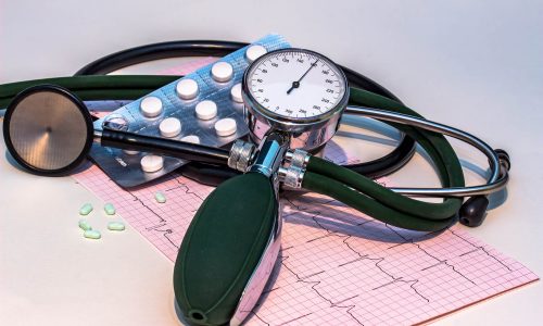 An electrocardiogram, stethoscope and medication associated with high blood pressure